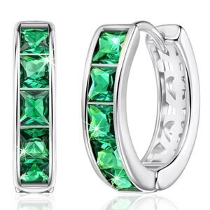 14K White Gold with Emerald Green Cubic Zirconia Princess Cut Huggie Earrings